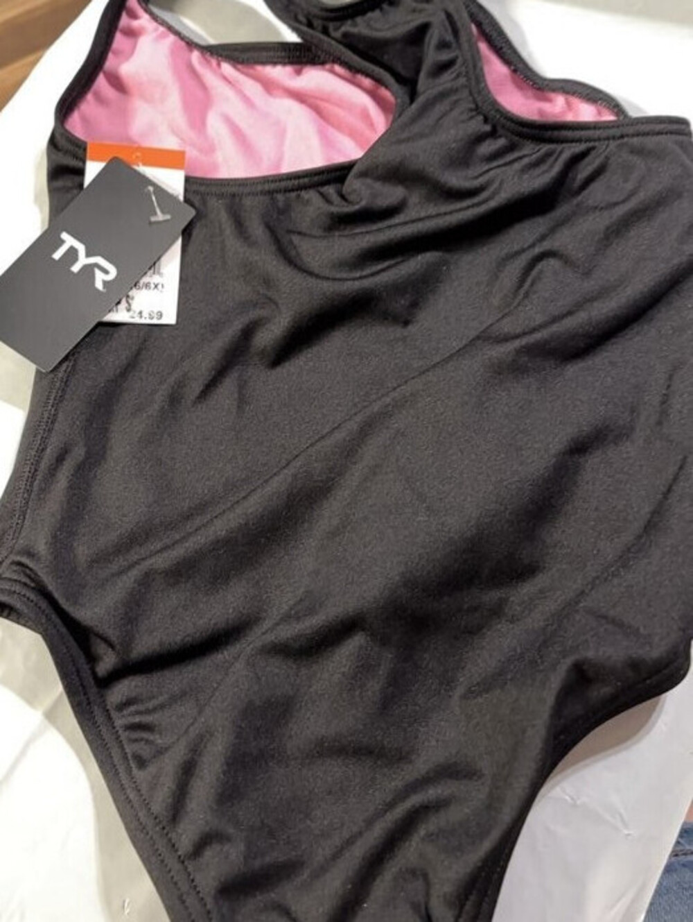 TYR Girls' Black One Piece Swimsuit with Pink Lining, Size 24, New with Tags